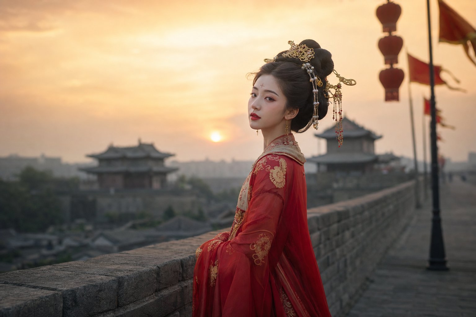 身穿红色唐风汉服、盘发戴头饰的女生在城墙上迎着夕阳